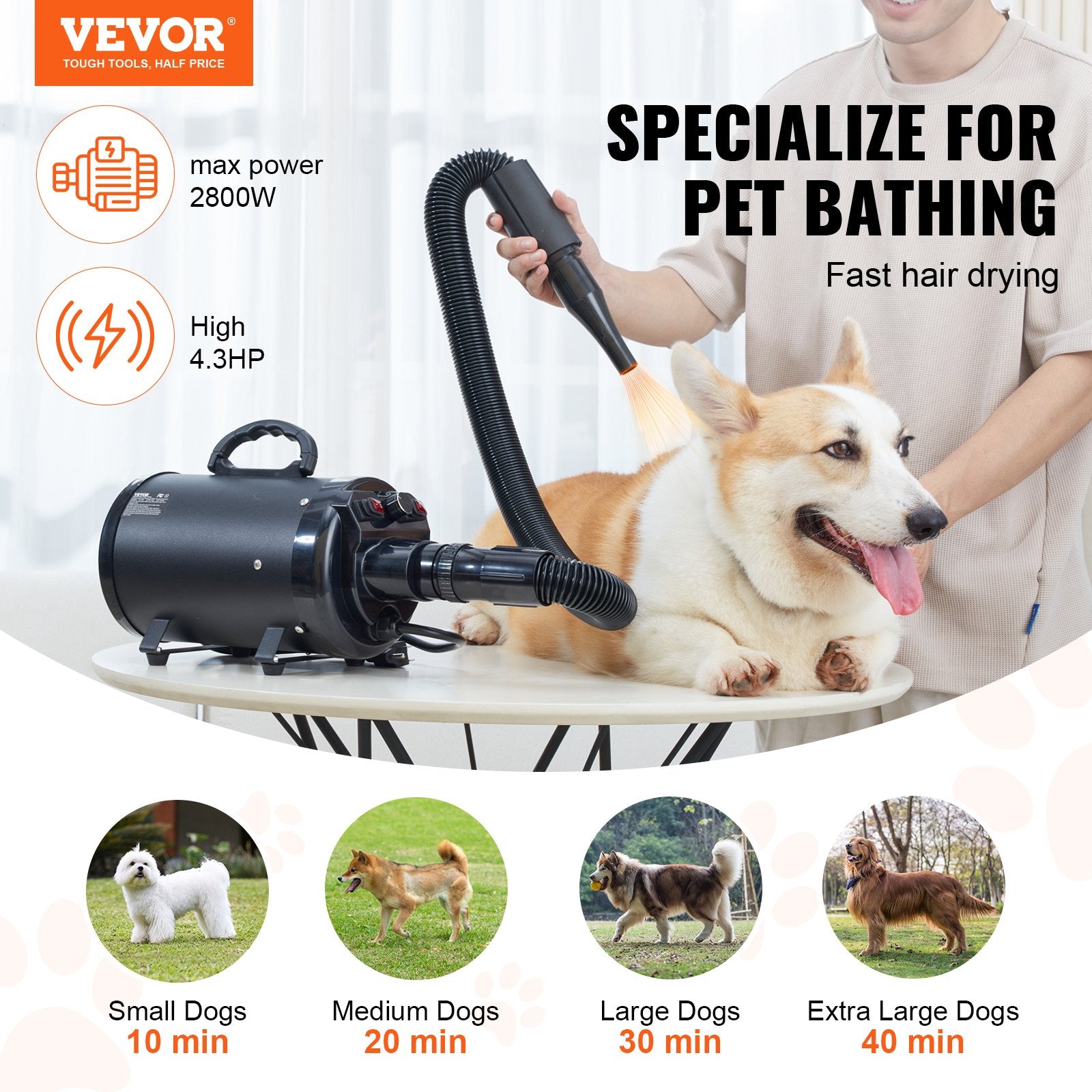 Dog Dryer, 2800W/4.3HP Dog Blow Dryer, Pet Grooming Dryer With Adjustable Speed And Temperature Control, Pet Hair Dryer With 4 Nozzles And Extendable Hose, Black
